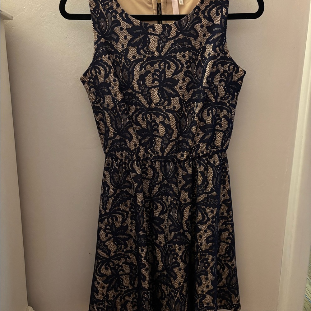 Navy and Beige Floral Lace Midi Dress